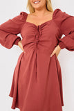 Channel Front Ruched Balloon Sleeve Shift Dress