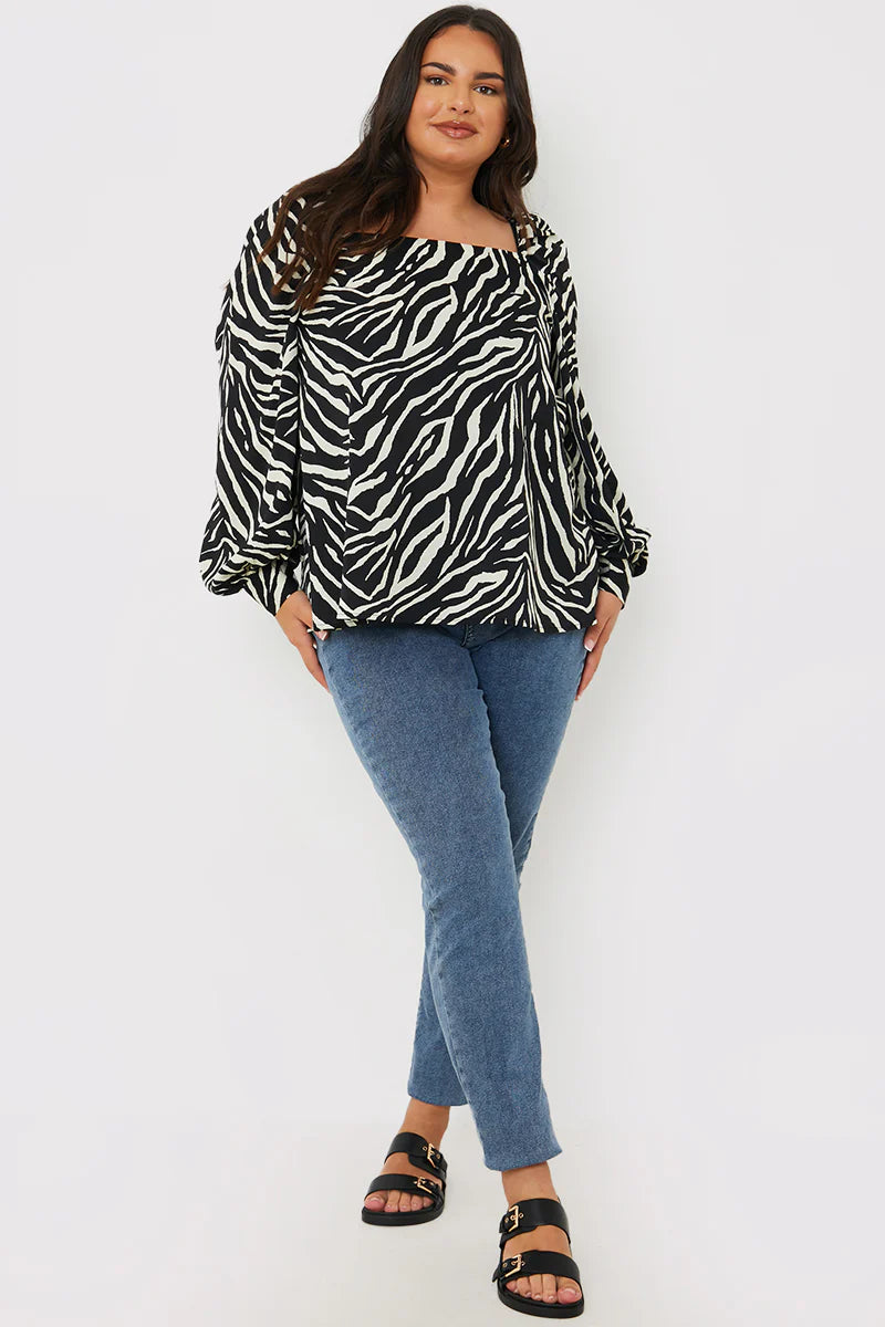 Zebra Woven Balloon Sleeve Blouse