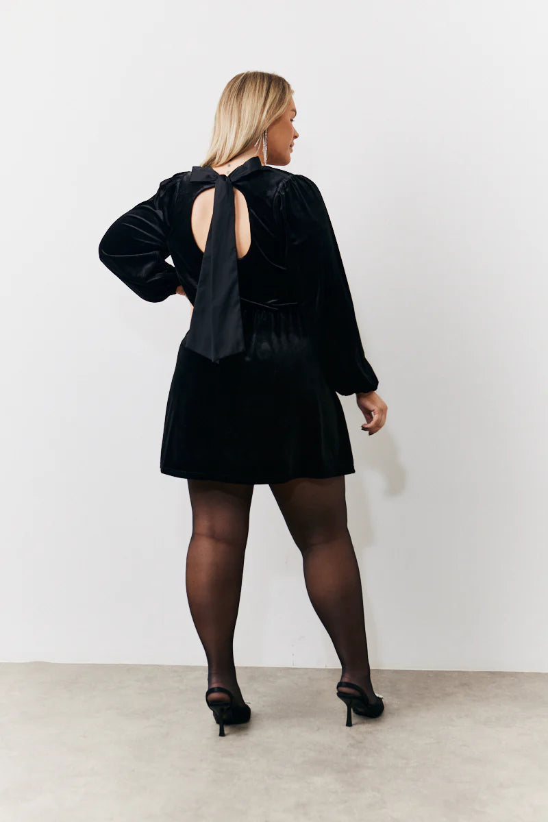 Black Bow Back Velour Mini Dress