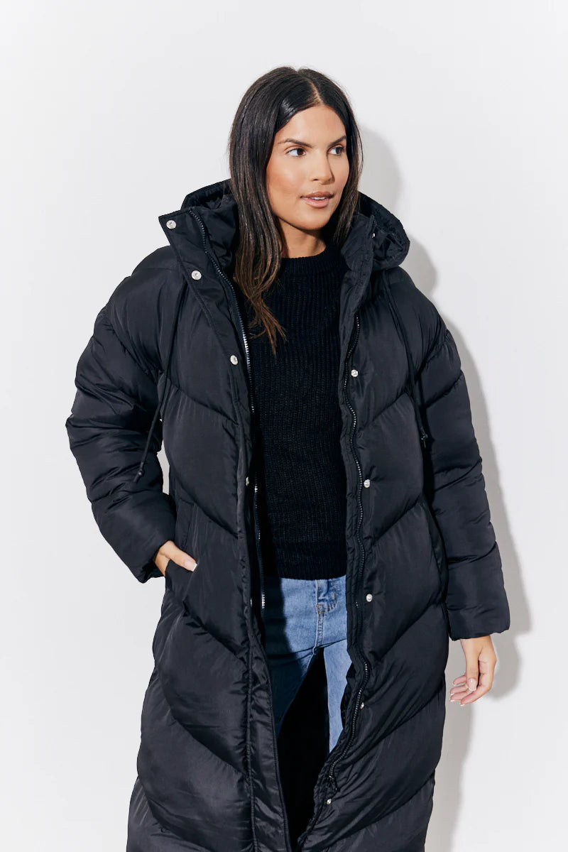 Black Hooded Longline Popper Puffer Coat