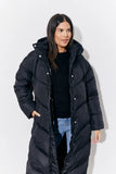 Black Hooded Longline Popper Puffer Coat