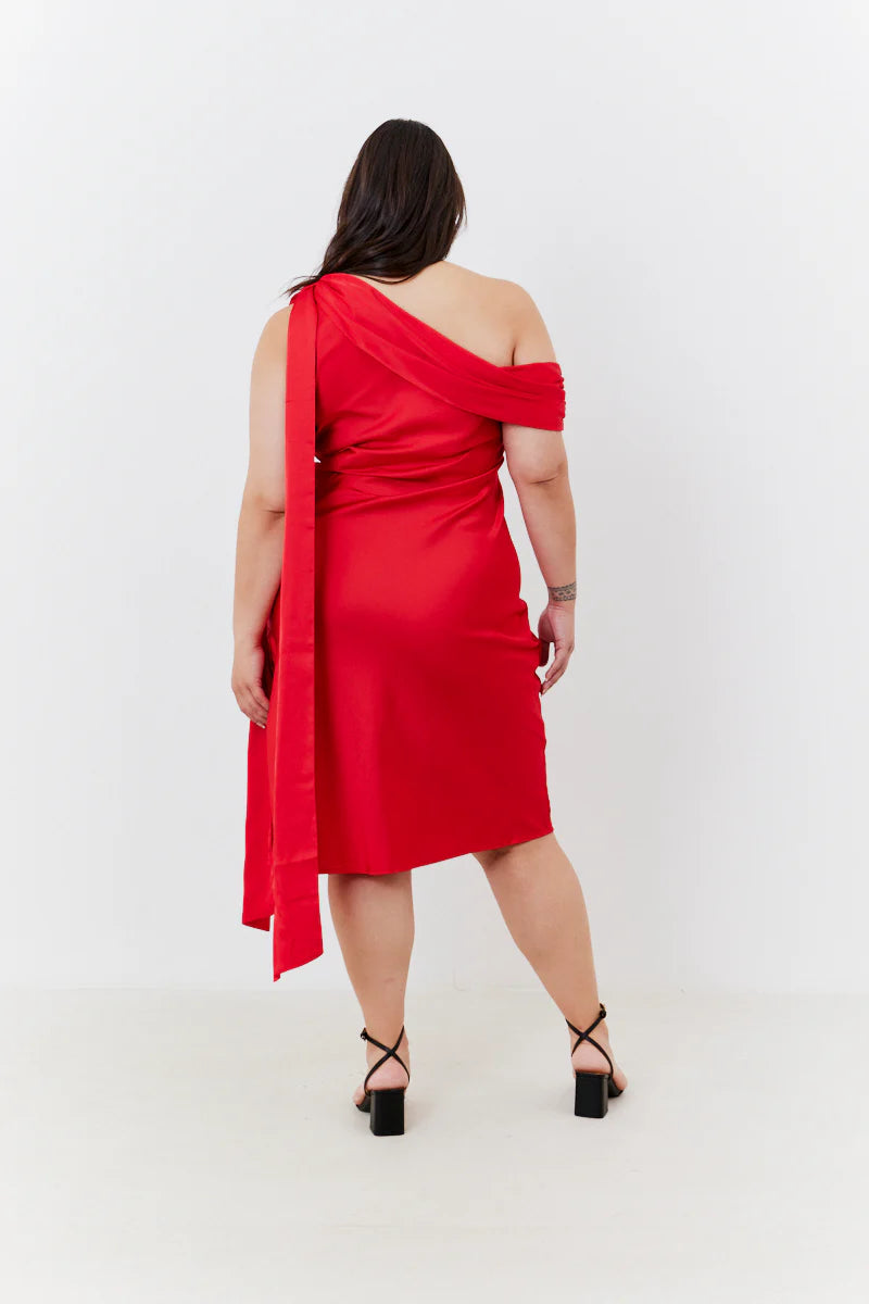 Satin Asymmetric Draped Neckline Midi Dress