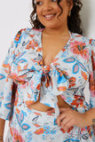 Multi Floral Tie Front Fluted Sleeve Crop Top