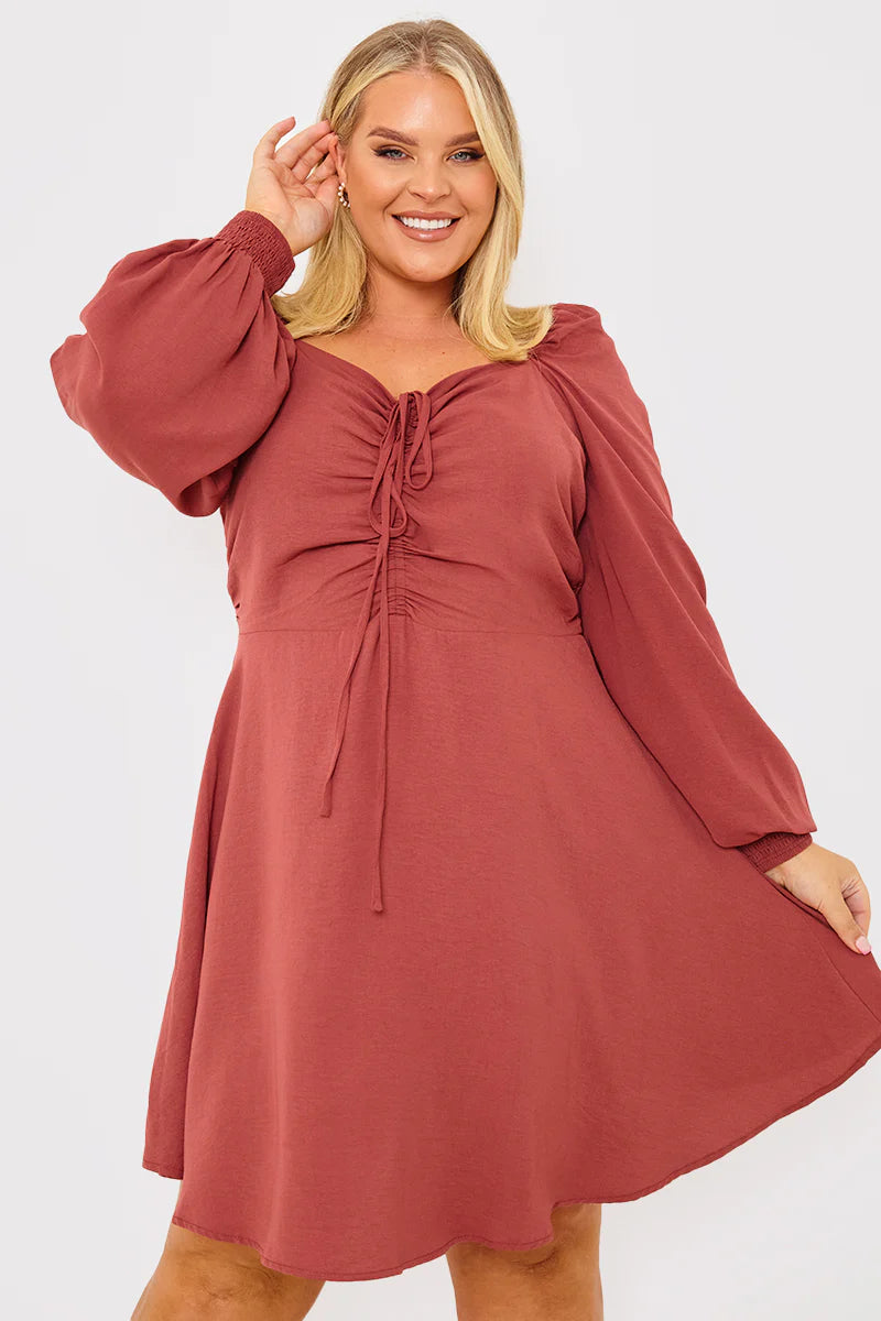 Channel Front Ruched Balloon Sleeve Shift Dress