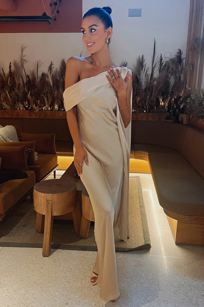 Asymmetric Draped Neckline Maxi Dress