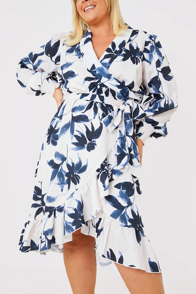 Floral Print Long Sleeve Wrap Frill Detail Midi Dress