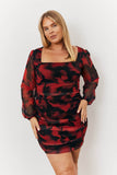 Abstract Print Ruched Mesh Mini Dress