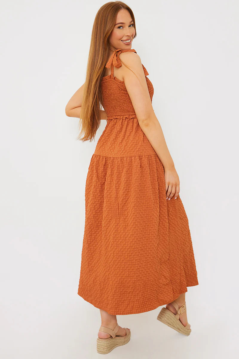 Bandeau Shirred Bust Tie Strap Midaxi Dress