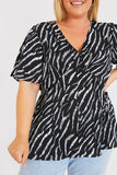 Zebra Plunge Button Front Blouse With Shirred Cuffs