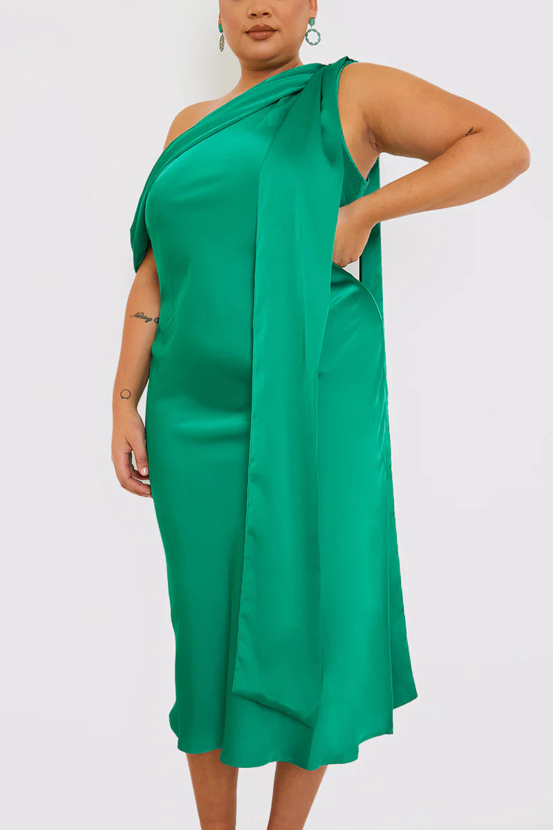 Green Satin Asymmetric Neckline Midi Dress