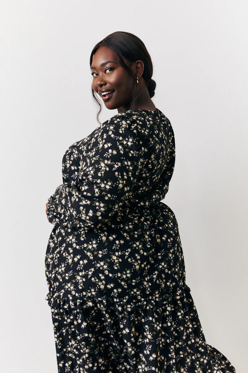 Black Ditsy Floral Printed Wrap Midi Dress