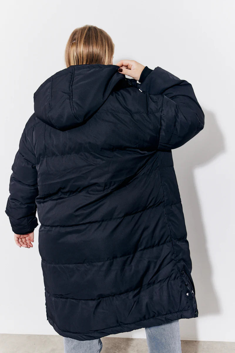 Black Hooded Longline Popper Puffer Coat