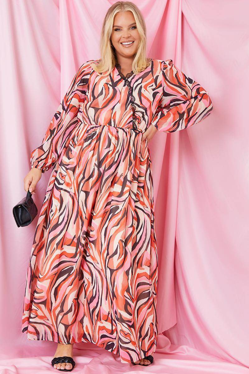 Abstract Print V Wrap Lace Trim Maxi Dress