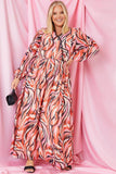 Abstract Print V Wrap Lace Trim Maxi Dress