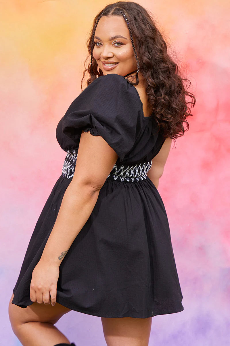 Short Sleeve Milkmaid Dress With Embroidery Detail