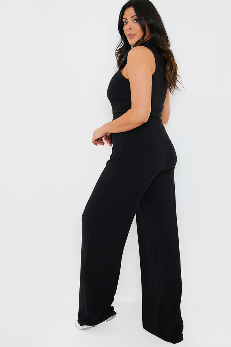 Black Rib Wide Leg Jumpsuit