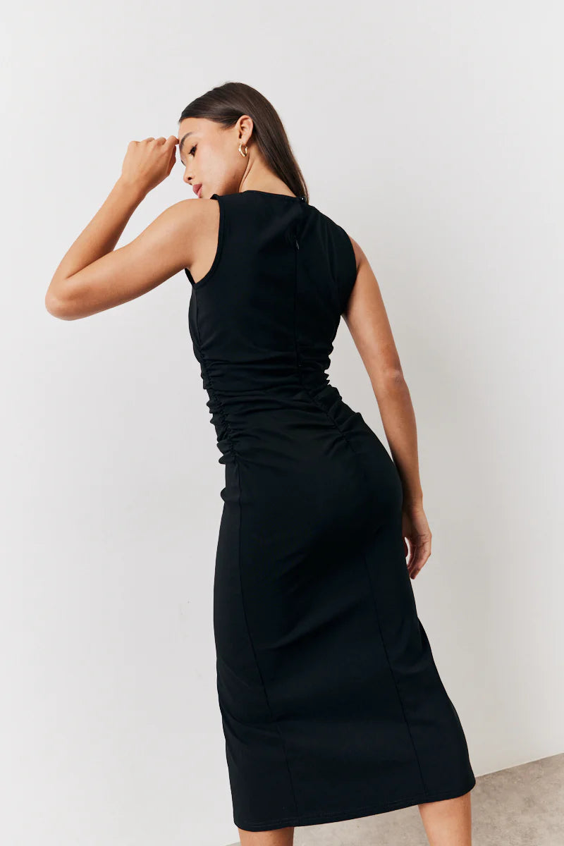 Black Bengaline Ruched Midi Dress