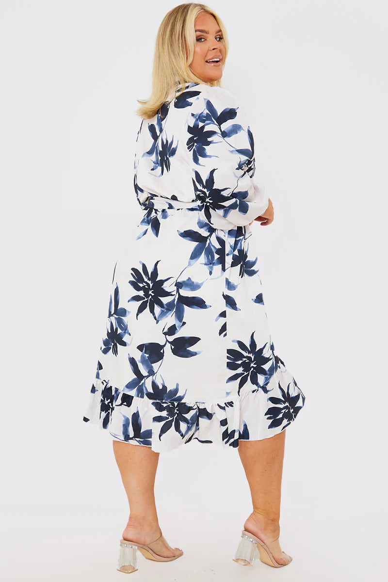 Floral Print Long Sleeve Wrap Frill Detail Midi Dress