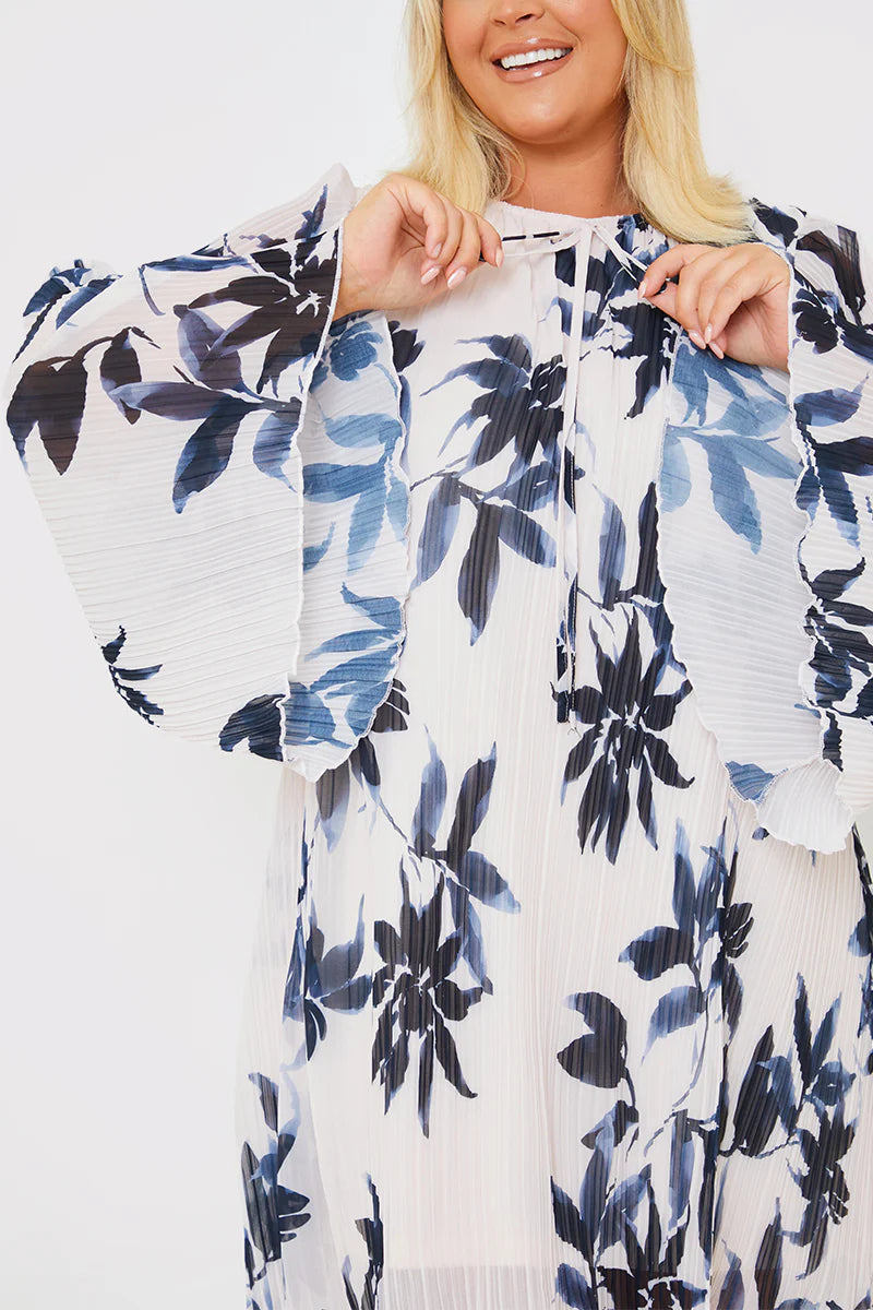 Floral Print Plisse Tie Detail Swing Dress