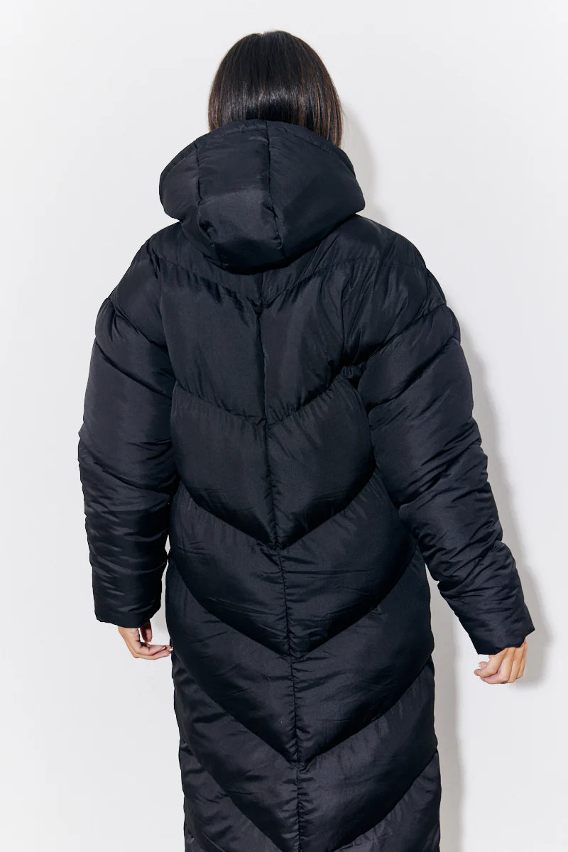 Black Hooded Longline Popper Puffer Coat