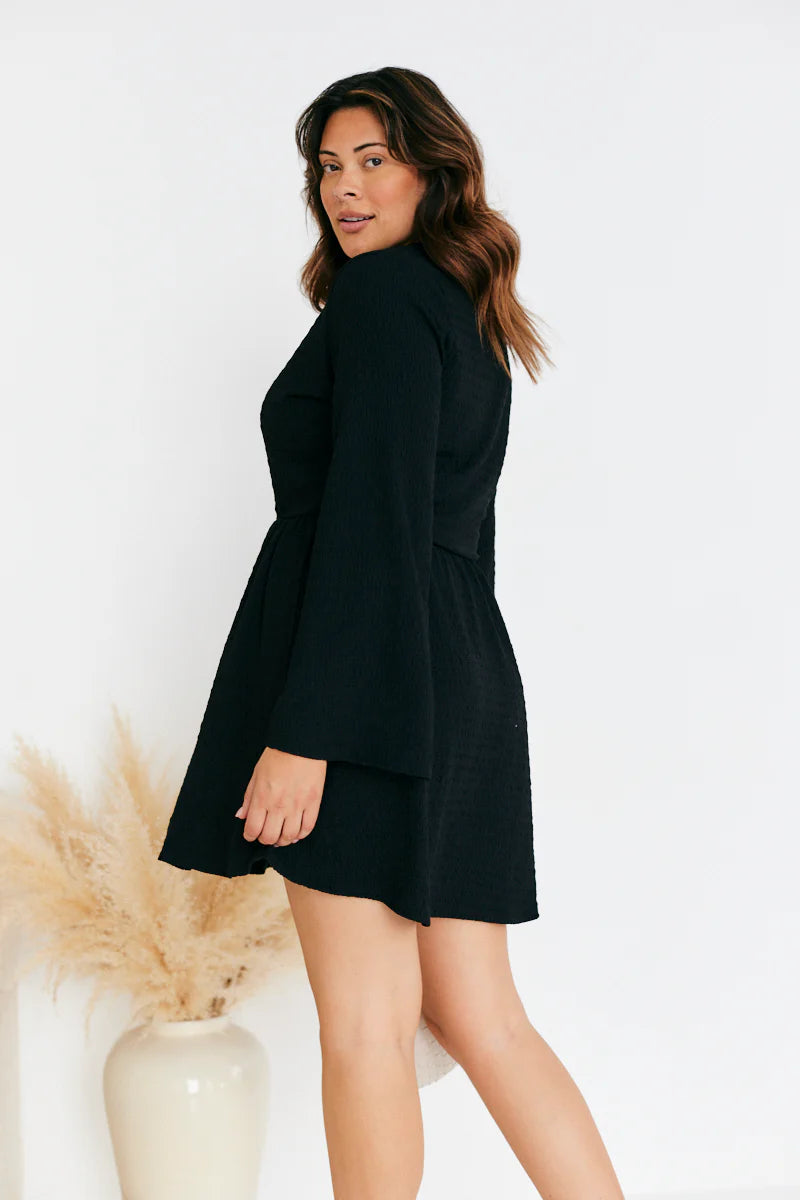 Wrap Front Textured Skater Dress