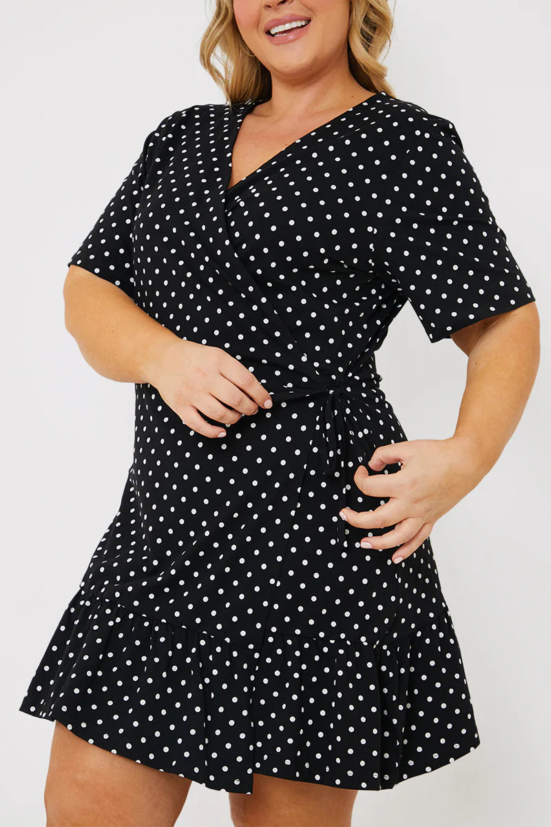 Polka Dot Print Short Sleeve Wrap Swing Dress