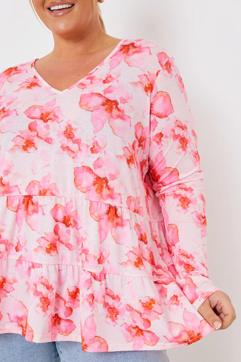 FLORAL TIERED JERSEY SMOCK TOP