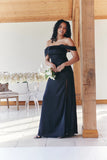 Black Satin Bardot Ruched Maxi Dress