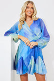 Blue Abstract Print Chiffon Wrap Godet Frill Mini Dress
