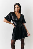 Black Liquid Satin Wrap Front Detail Mini Dress