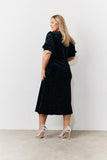 Black Puff Sleeve Studded Velour Midi Dress
