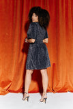 Black Metallic V Neck Smock Mini Dress