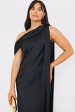 Satin Asymmetric Draped Neckline Maxi Dress