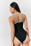 Black Ribbed Racer Neck Swimsuit