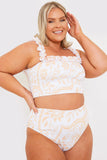 Scarf Print Ruffle Bardot Shirred Bikini Top