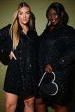 Black Sequin Oversized Shirt Dress