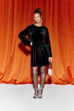 Black Velour Crew Neck Balloon Sleeve Smock Mini Dress