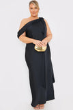 Satin Asymmetric Draped Neckline Maxi Dress