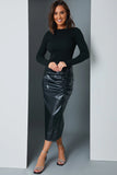 Leather Look Ruched Split Detail Midi Skirt
