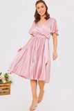 Blush Angel Sleeve Pleated Wrap Midi Dress
