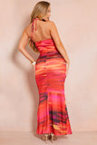 Satin Abstract Print Halterneck Midaxi Dress