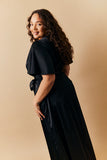Black Satin Wrap Tie Angel Sleeve Maxi Dress
