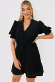 Drawstring Waist Balloon Sleeve Mini Dress