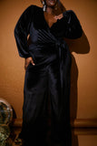 Velvet Puff Sleeve Wrap Front Jumpsuit