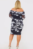 Floral Print Mesh Ruched Bardot Midi Dress