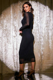 Mesh Long Sleeve Ruched Midi Dress