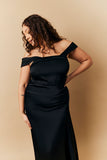 Black Satin Bardot Ruched Maxi Dress