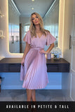 Blush Angel Sleeve Pleated Wrap Midi Dress