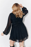 Black Dobby Belted Pleated Skater Mini Dress