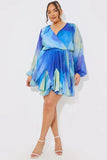 Blue Abstract Print Chiffon Wrap Godet Frill Mini Dress